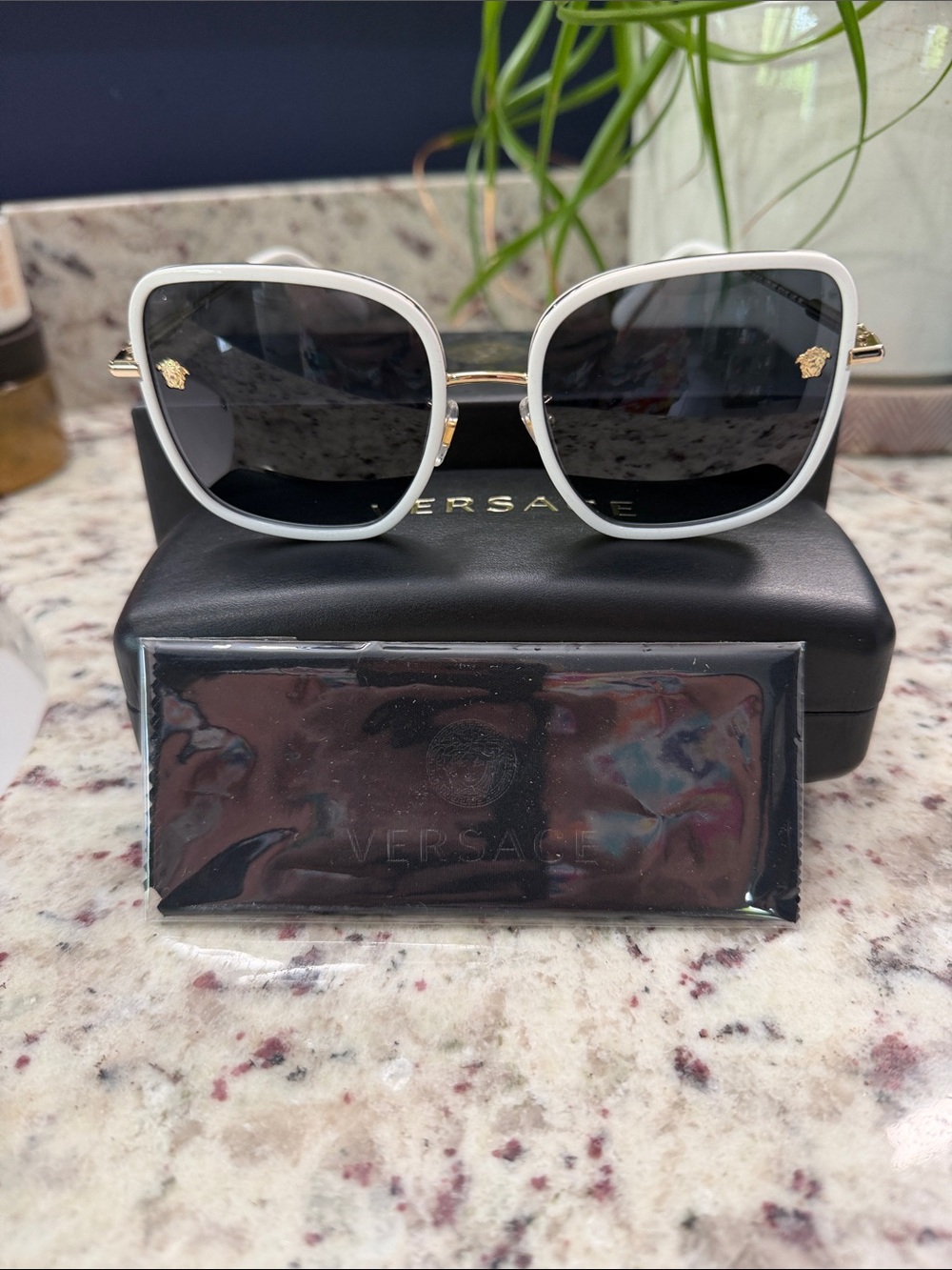 Versace White Frame Sunglasses with Black Lenses and Gold Medusa Accents